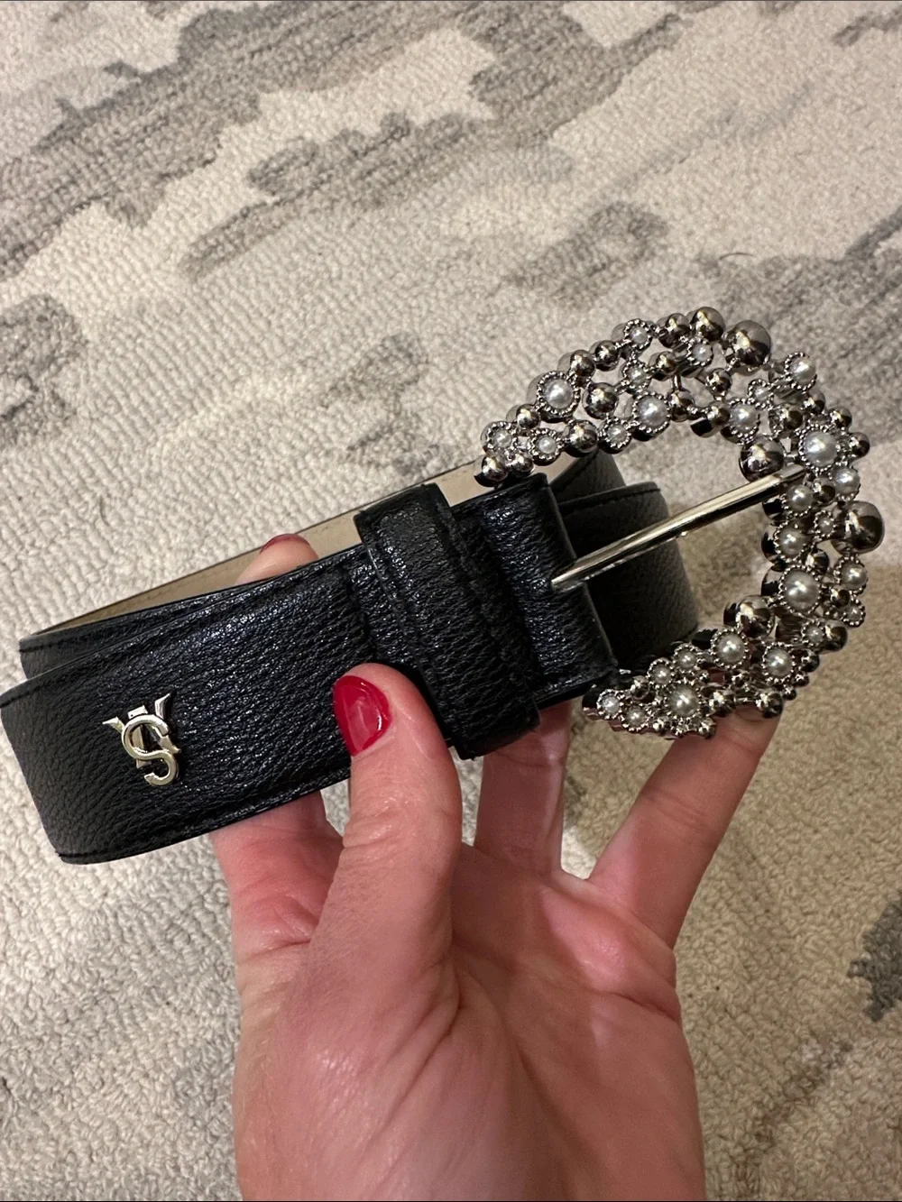 Steve Madden  Black Women's Belt with Decorative Silver Pearl Buckle Small